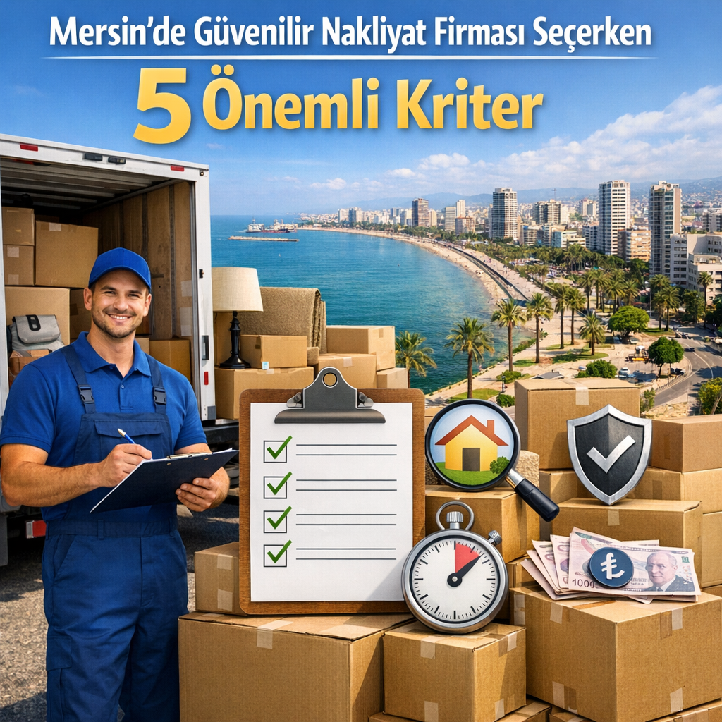Mersin'de nakliyat firması seçerken dikkate alınacak 5 önemli kriteri açıklayan infographic.